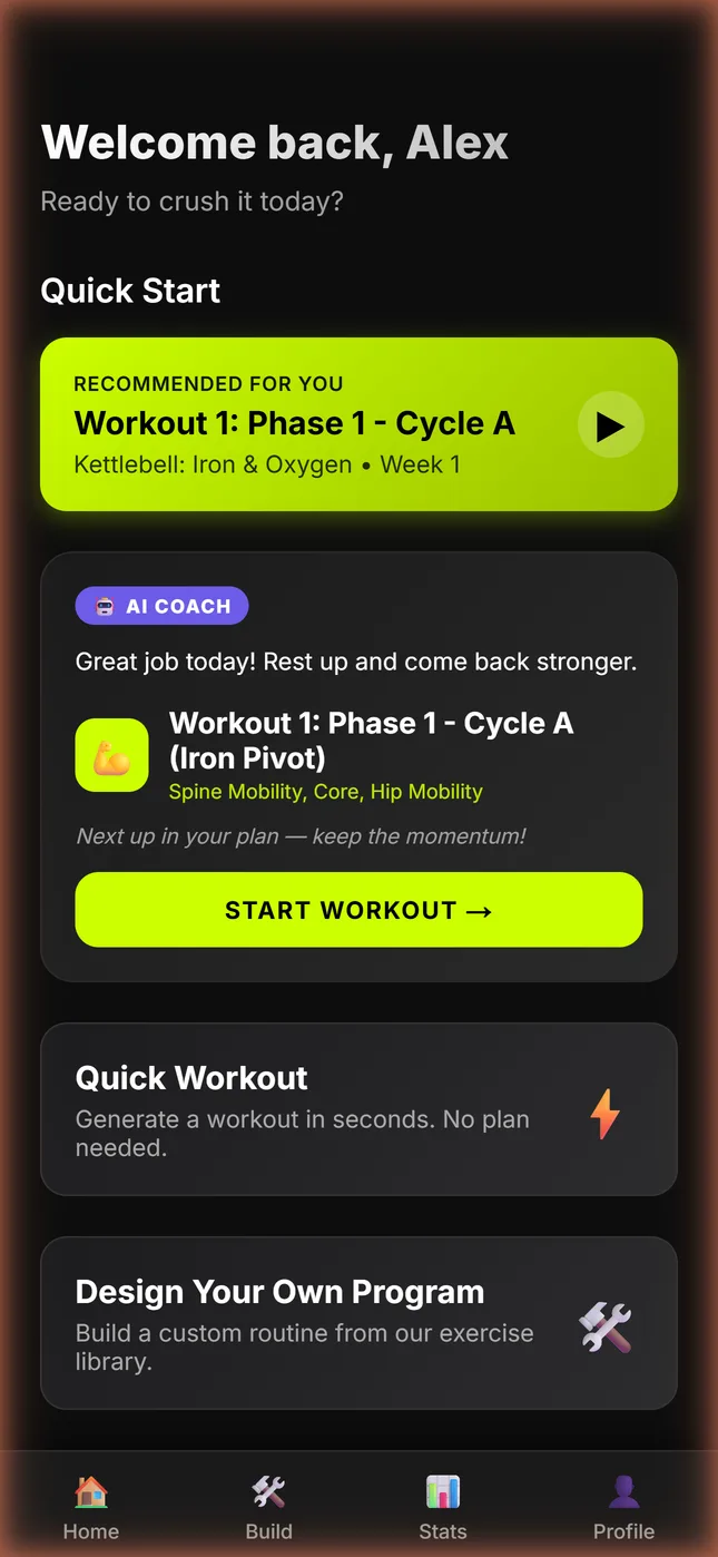 LifeSpike home screen with AI coach suggesting the next workout