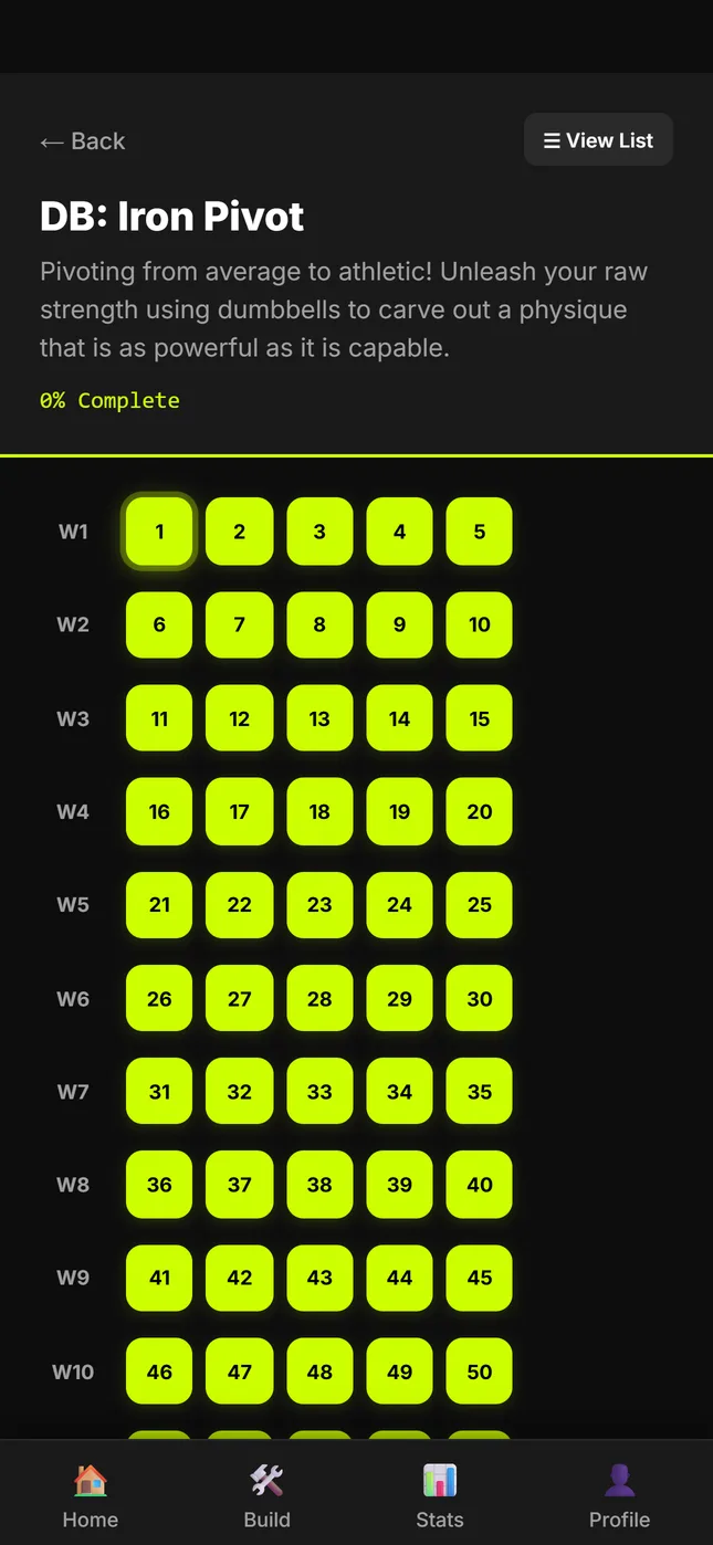 A multi-week LifeSpike program laid out as a grid of workouts