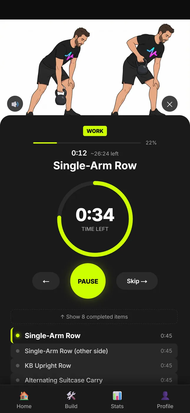 LifeSpike guided workout player showing an exercise demo and interval timer